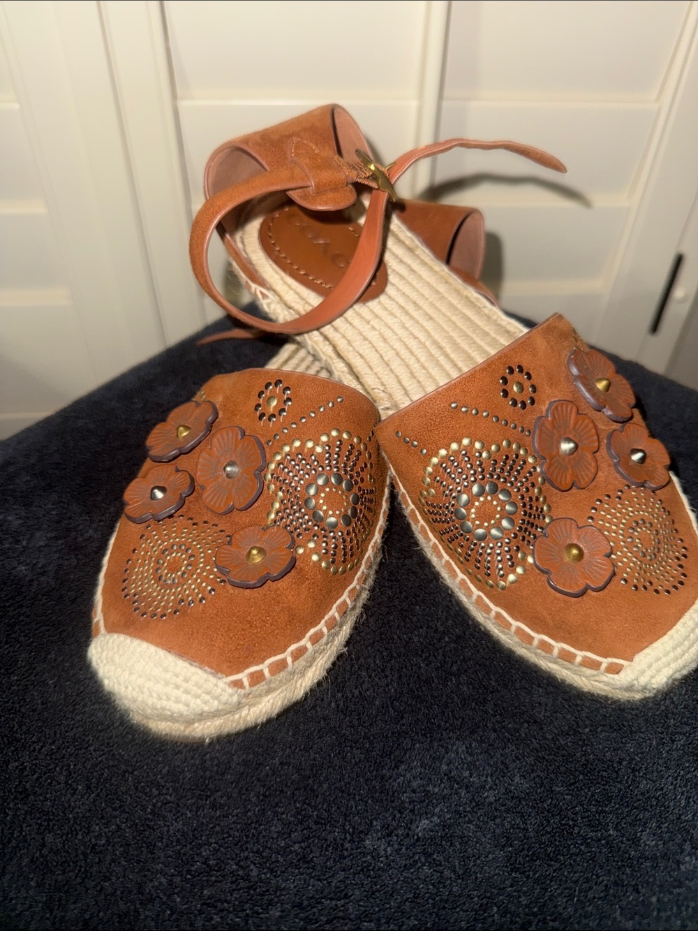 Coach Brown Floral Suede Espadrille Wedge Sandals